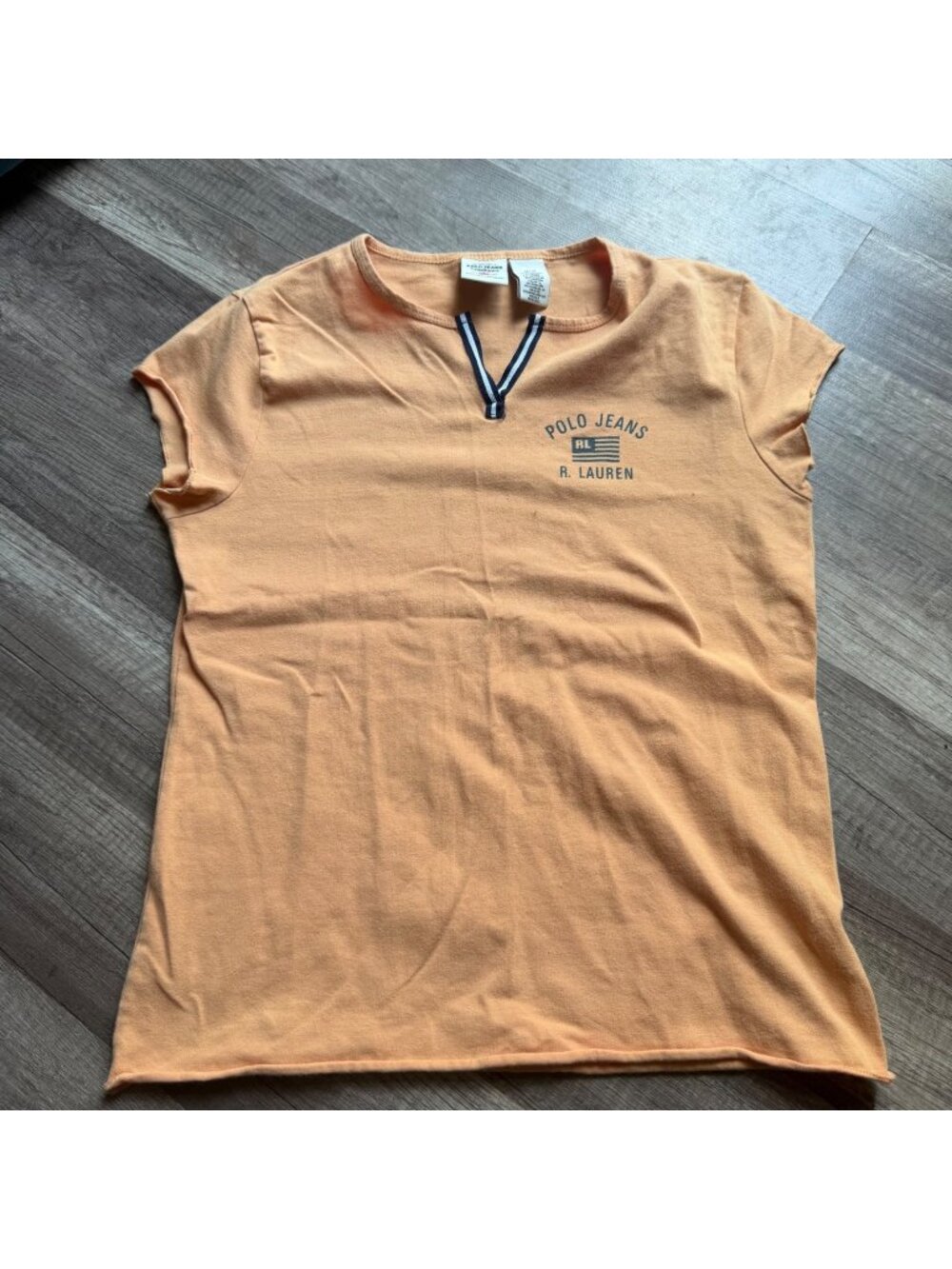 Ralph Lauren Polo Jeans Orange Womens Split Neck T-Shirt M 93% Cotton Casual Sum